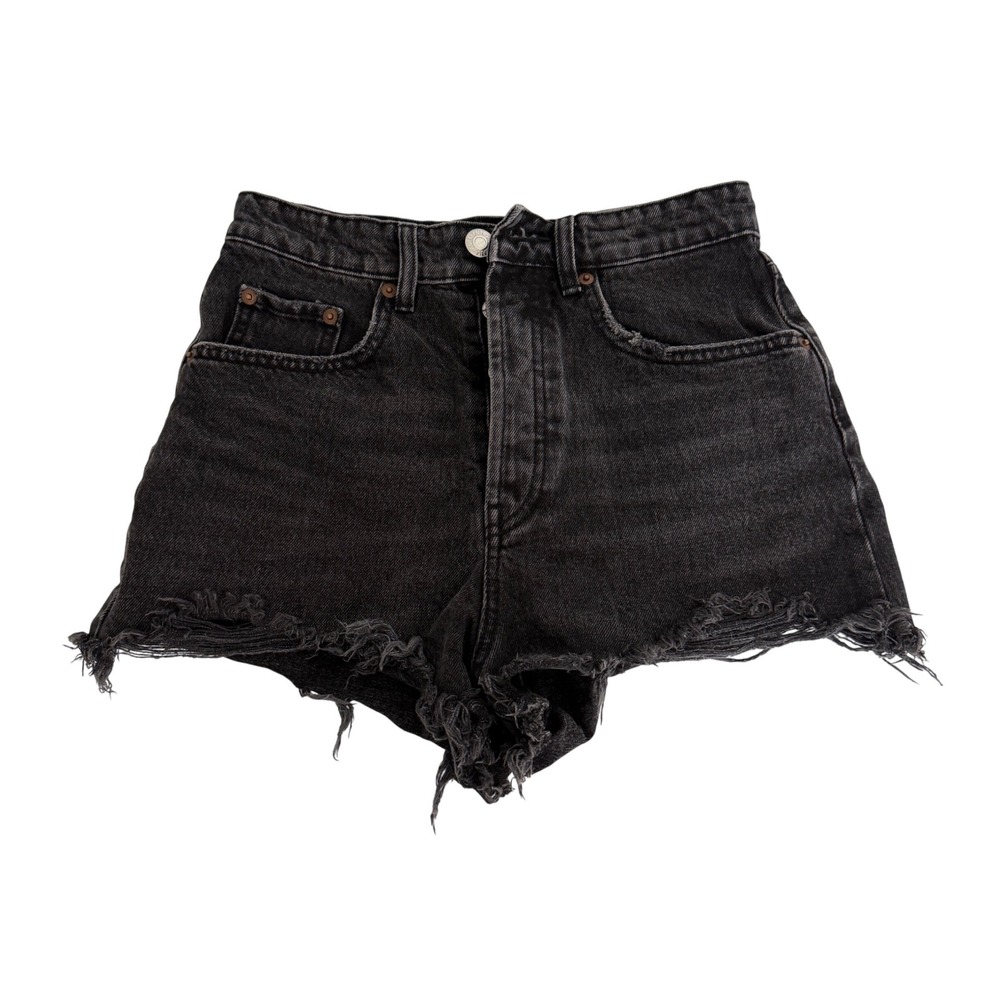 Zara Womens High Waisted Distressed Denim Shorts Black Button Fly Size 2